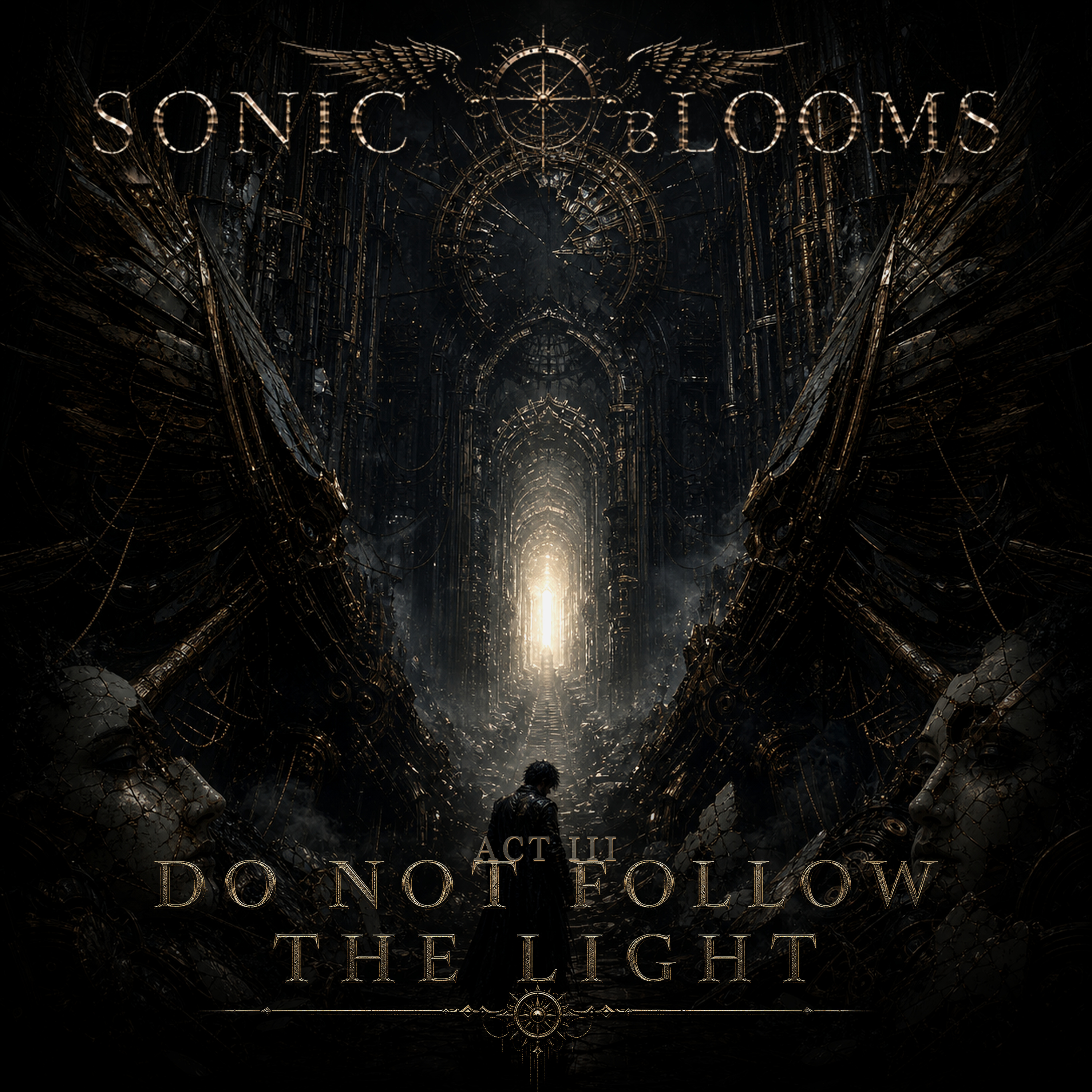 Sonic Blooms Act III cover art, a dark mechanical cathedral with brass wings and a distant figure walking toward light.