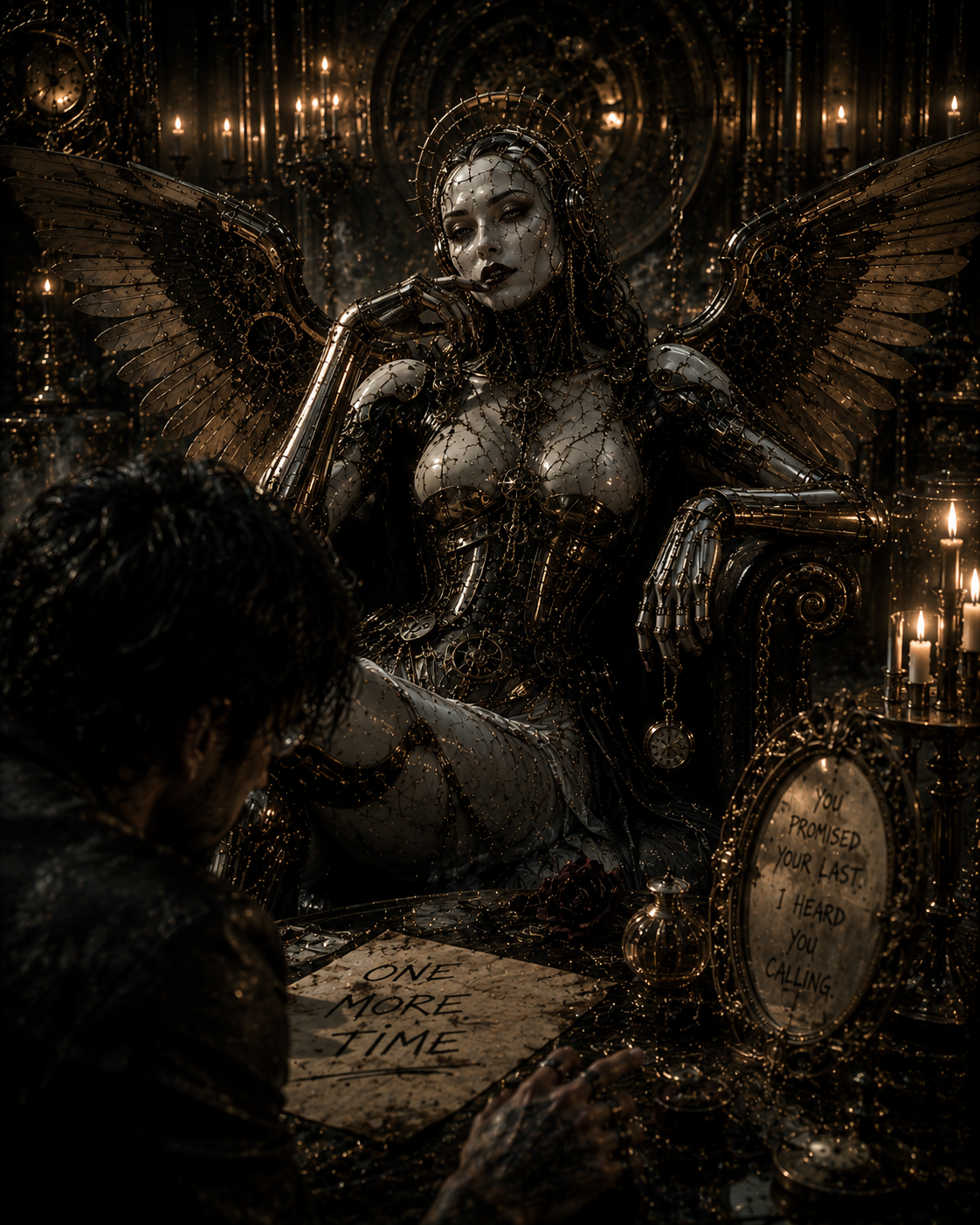 Seraphine, a porcelain mechanical angel with brass wings, facing Luca across a candlelit table.