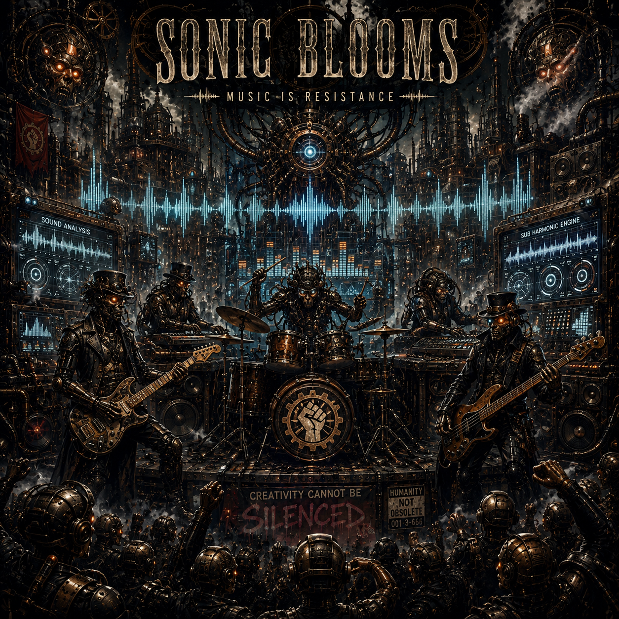 A dark industrial Sonic Blooms stage with a mechanical band and glowing waveform.